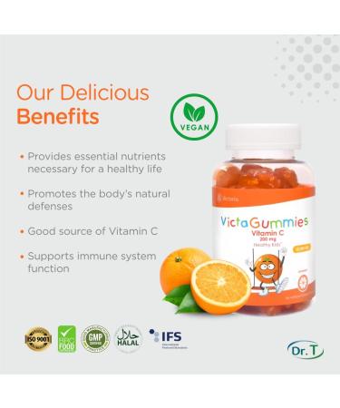 Dr. T VictaGummies Vitamin C Gummies - Immune Support for Kids Naturally Orange Flavored Vegan Pectin-Based Daily Vitamin C Supplement for Children s Immunity 60 Chewy Gummies (1 Pack) - Buy Online on GoSupps.com