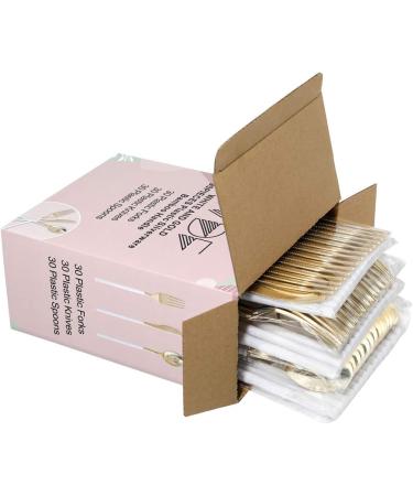Gold Plastic Silverware Set - 90 Pieces Heavy Duty Cutlery for Christmas - Includes 30 Forks, 30 Spoons, 30 Knives with White Handle - Buy Online on GoSupps.com