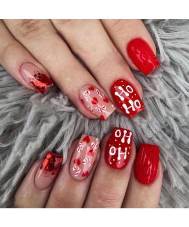 SINLOV Christmas Love Heart Fake Nails Long Sequin French Square False Nails Glossy Press on Nails Ballerina Acrylic Full Cover Fake Nail for Women and Girls