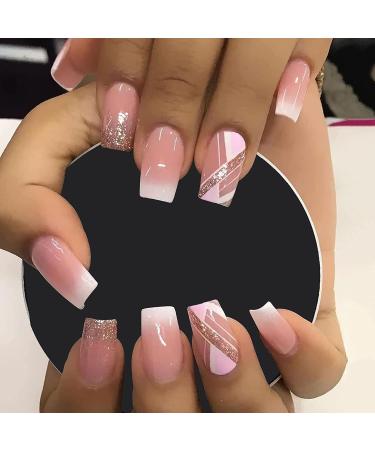 24Pcs Short Coffin False Nails French Press on Nails Pink Gradient Full Cover Acrylic Nails Stick on Nails Glitter Sequins Design with Glue Stickers for Women and Girls Nail Art