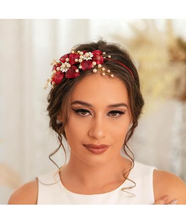 IYOU Flower Wedding Headband Red Pearl Hair Bands Copper Wire Prom Bridal Hair Accessories for Women - Buy Online on GoSupps.com