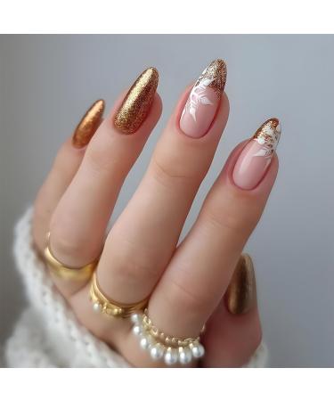 Press on Nails - 24 Pcs Full Cover Artificial Wearable Nail - False Nails Art with Smile Face Flower Designs - Sweet & Cool Fake Nails for Women Girls (Glitter Gold Snow Design)