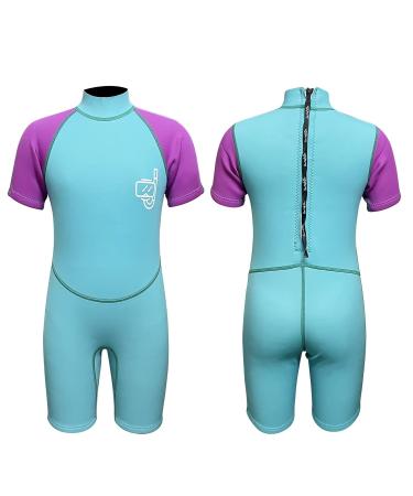 PZZMY Shorty Wetsuit Kids 2mm Neoprene Suits Girl Surfing Canoeing Suits Short Wetsuits Boy Shortie Wet Suits Toddler One Piece Swimsuit Swimwear Short Sleeve Wetsuits Children 7-8 years blue+purple