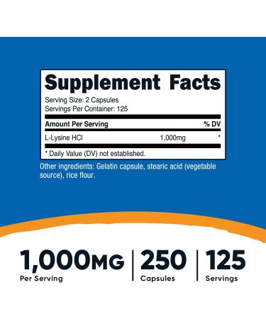 Nutricost L-Lysine 1000mg 250 Capsules | Gluten Free | Non-GMO - Buy Online on GoSupps.com
