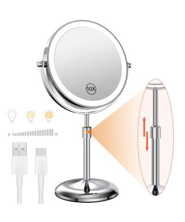 Benbilry Lighted Makeup Mirror with Adjustable Stand   3 Color Dimmable Lights & 1X/10X Magnification & Type-C Rechargeable  7 Double Sided Vanity Mirror  360  Swivel Cordless Standing Mirror Silver