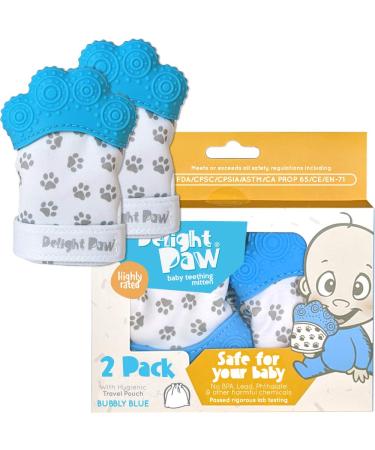 Delight Paw Baby Teething Mitten Mom Designed | Self Soothing Pain Relief | Hygienic Travel Bag | No BPA | Baby Boy Baby Girl | Babies Over 3 Months | Bubbly Blue | 2 Pack 2 Count (Pack of 1) Bubbly Blue