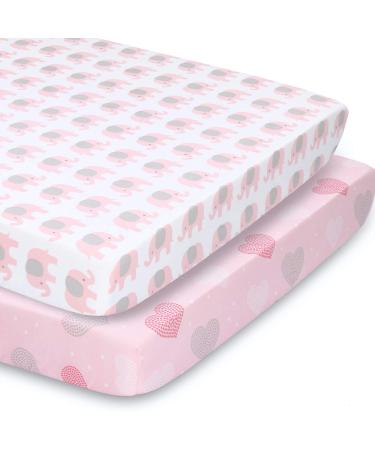 The Peanutshell Fitted Pack n Play, Playard, Mini Crib Sheets for Baby Girls | 2 Pack Set | Pink Elephants & Hearts