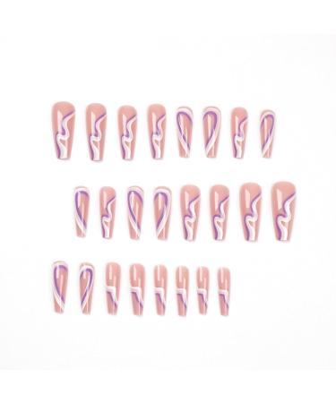 Justotry 24 Pieces Purple Swirl Press-On Nails | Wavy Coffin Art Nails for Women | Ballerina Fake Nails | Purple & White Design - Buy Online on GoSupps.com