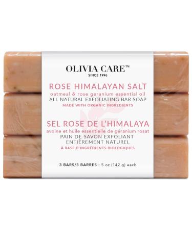 Exfoliating Bar Soap With Rose Himalayan Salt By Olivia Care - Natural & Organic - Infused w/Oatmeal & Rose Essential Geranium Oil - Moisturize, Detoxify, Hydrate - Makes Skin Soft & Silky - 3 X 5 OZ ROSE HIMALAYAN 5 Ounce…
