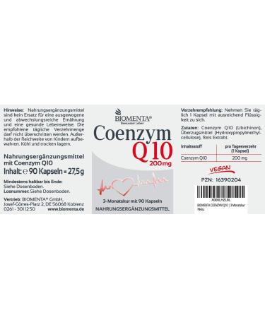 BIOMENTA Coenzyme Q10 - 90 Vegan Capsules | High Dose 200mg Ubiquinone | Premium Quality Supplement | Fast Worldwide Shipping - Buy Online on GoSupps.com