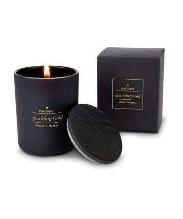 Romans wellness gift items: Romoscent aroma ore Sparkling gold in a noble black glass with wooden lid Fragrance candle for inside and outside Dimensions: approx. 6 x 6 x 8 cm