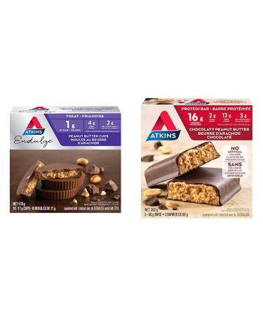 Atkins Endulge Treats Peanut Butter Cups Low Sugar Keto Friendly High Fibre 1g Sugar 2g Carbs 10ct & Protein Bars - Chocolaty Peanut Butter Low Sugar Keto Friendly High Protein High Fibre Peanut Butter Cups Endulge Treats+ Protein Bars