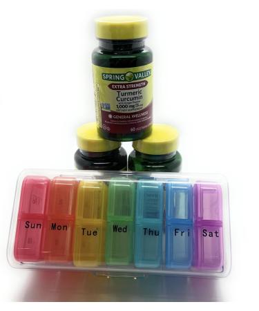 3 Bottles of Spring Valley Turmeric Curcumin W/Ginger Supplement 1000mg 60 Capsules Each Bottle. Plus Bonus 7 Day Pill Case.