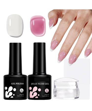 Gel Nail Polish Set for French Tips French Manicure Nail Polish White & Jelly Pink Nail Polish with Stamping Tool Soak Off UV Gel Nail Polish Kit for Starter DIY Home French Nail Tips Design