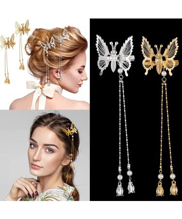 Butterfly Hair Clips Gold Silver Metal Butterfly Hairpins Hair Accessories 3D Moving Butterfly Bride Wedding Head Styling Fashion Hair Supplies for Women Girls 2 PCS