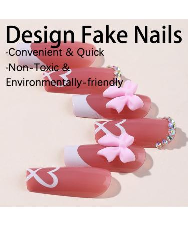 French Tip Press on Nails with Charms - Medium Long Square Acrylic Nails | Cute Bow & Rhinestones for Women - Daily Wear Perfect French Nails - Buy Online on GoSupps.com