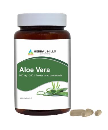 HERBAL HILLS Aloe Vera Capsules (Aloe barbadensis) | 120 Capsules (500 mg) | Pure Aloe Freeze Dried Powder Supplement High Concentration Supports Overall Well-Being