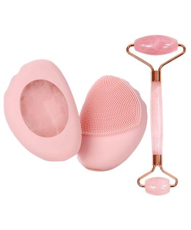 Sonic Facial Cleansing Brush- Deep Cleaning and Heated Rose Quartz  Silicone Face Brush - Vibrating Rose  Magnetic Charging and IPX7 Waterproof  Face Roller- Relieve Fine Lines and Wrinkles