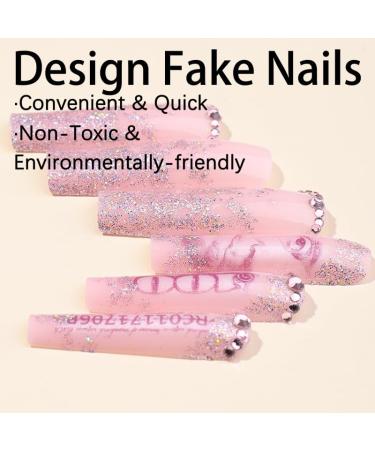 XL Square Shape Nude Press-On Nails with Rhinestones - Glamorous Glitter Extra Long Full Cover Acrylic Nails (24 Pcs - Buy Online on GoSupps.com