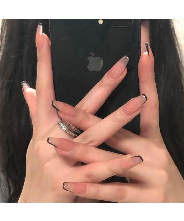24pcs Press On Nails Medium False Nail Natural Fake Nail with Nail Glue and Adhesive Taps Faux Ongles Coffin Nude Black French Style Smile Lines