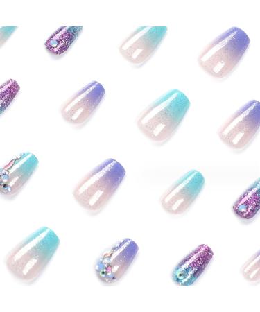 Medium Press on Nails with Rhinestones - Full Cover Acrylic Coffin Nails | 24PCS for Women & Girls - International Shipping Available - Buy Online on GoSupps.com
