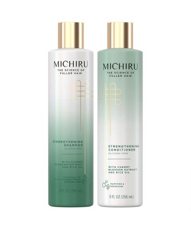 Michiru Strength Shampoo & Conditioner Set Cherry Blossom & Rice Oil Nourishing Scalp Treatment for Hair Repair & Hair Strengthening for Fine or Damaged Hair 9 Oz Ea (2 Piece Set)