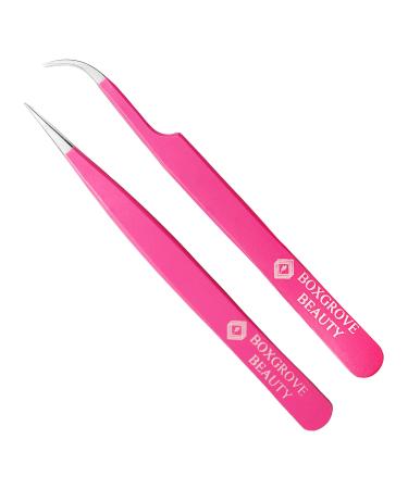 Lash Tweezers  Pack of 2 Stainless Steel Tweezers for Eyelash Extensions | Straight and Curved Tip Eyelash Tweezers | False Lash Application Tools (Pack of 2  Pink) 2 Count (Pack of 1) Pink
