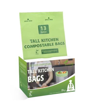 Codirom 100% Compostable Trash Bags, 13 Gallon, 49.2 Liter, 65 Count Kitchen Tall Food Scrap Waste Bags for Tall Kitchen Trash Cans with Europe EN13432 Certified 13 Gallon 65 Count (Pack of 1)