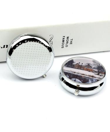 Round Pill Box - Winter Farmhouse Print | 3 Compartment Decorative Metal Pill Organizer | Portable Pocket Medicine Case - Style-27 - Buy Online on GoSupps.com