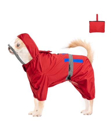 Slowton raincoat dog waterproof reflective dog rain coat with a hood and storage bag for small medium and large dogs hundred jacket for walks windproof and light S (back length: 30cm) red