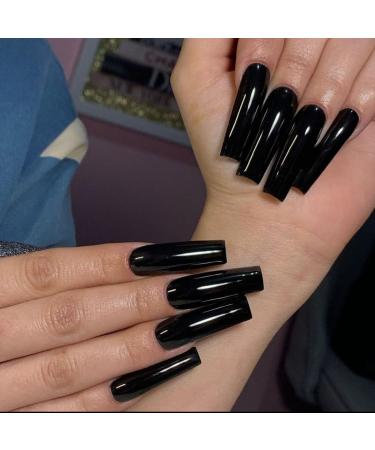 IMSOHOT Extra Long Square Press on Nails Glossy Squoval Black Fake Nails Solid Color False Nails Full Cover Glue on Nails for Women and Girls C-003