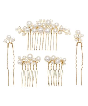 Sppry Wedding Pearl Hair Combs Set of 5 PCS - Elegant Hair Accessories for Bridal Women (Gold)