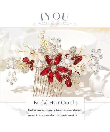 IYOU Women Bridal Hair Combs Red Flower Wedding Sides Comb Sparkly Crystal Headpiece Prom Party Hair Accessories for Bride and Bridesmaid - Buy Online on GoSupps.com