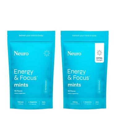 Neuro Energy & Focus Mint Set Original (90ct) + Extra Strength (90ct) Peppermint Flavor Sugar-Free Nootropic Supplement with Natural Caffeine L-Theanine B12 & B6