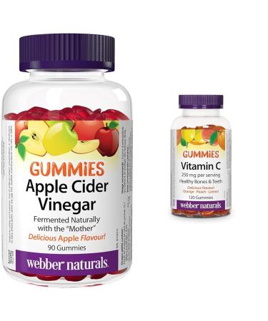 Webber Naturals Apple Cider Vinegar Gummy 200 mg with The Mother 90 Gummies Antioxidants Support Vegan & Vitamin C Gummy 125 mg 120 Gummies For Bones Teeth Immune and Antioxidant Health Vegan SUPPLEMENT + VITAMIN 625273