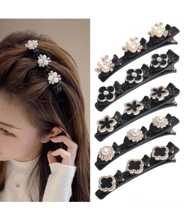 Sparkling Crystal Stone Braided Hair Clips Satin Fabric Hair Bands with Crystal Duckbill Hair Clips Four-Leaf Clover Chopped Hairpin Duckbill Clip Clover Rhinestone Flower Pearl Hair Clip for Woman Girls (Flowers & Pearls -5 PCS)