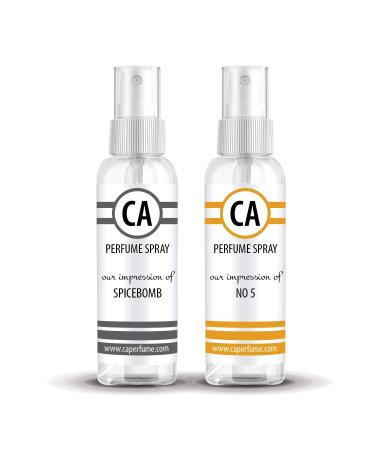 CA Perfume Impression of (Spicebomb + No 5) Travel Size Sample Fragrance Refillable Atomizer Long Lasting Eau de Parfum (Cologne) Sprayer / 2 Fl Oz/ 60 ml Spicebomb + No 5 Impression