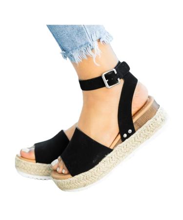 Ladmiple Wedge Sandals for Women Dressy Comfy Slip-On Ankle Buckle Sandals Summer Casual Beach Shoes Open Toe Platform 9 Black