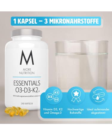 MORE Essentials O3-D3-K2 Fish Oil Capsules - 240 Count for Optimal Health | Premium Omega 3 Vitamin D & K - Buy Online on GoSupps.com