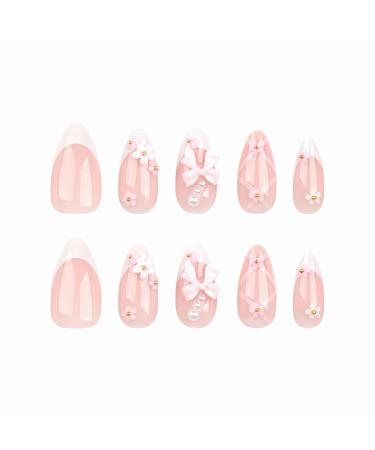 Buy BABALAL Medium Almond Press on Nails - White French 3D Flower Bow Charm 24Pcs Stiletto Acrylic Manicure - International Shipping Available - Buy Online on GoSupps.com