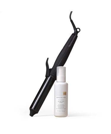 Kristin Ess Hair NANOBLACK 11/4 Inch Automatic Ceramic Curling Iron + Style Assist Blow Dry Heat Protectant Spray - Dual Voltage Hair Styling Beach Waver + Curler - Smooth Barrel + Digital Display
