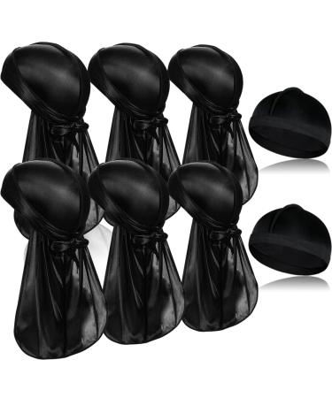 ASKNOTO 6 Pieces Silky Durags with Long Tail and 2 Pieces Satin Wave Cap  Do rags for Men 360 Waves