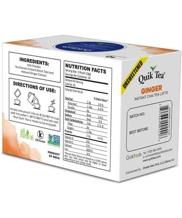 QuikTea Unsweetened Ginger Chai Tea Latte - 10 Count Single Box - All Natural & Preservative Free Authentic Instant Chai Unsweetened Ginger 10 Count (Pack of 1) - Buy Online on GoSupps.com