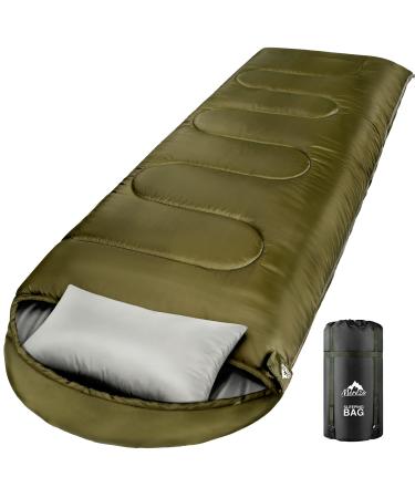 MEREZA Sleeping Bag for Adults Mens Kids with Pillow XL Sleeping Bag for All Season Camping Hiking Backpacking 3-4 Seasons Sleeping Bags for Cold Weather & Warm Army Green