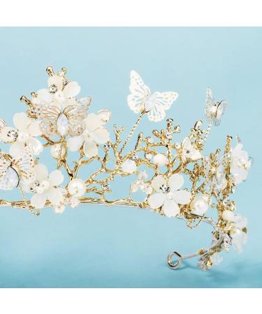 Bridal Butterfly Flower Tiara Crown | Rhinestone Pearl Headpiece for Women and Girls - Perfect for Wedding, Birthday Party | Gold Fairy Crown Hair Accessories - Buy Online on GoSupps.com