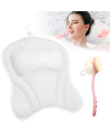 Foldrabbit Bath Tub Pillow Headrest  Bath Pillows for tub with Dual-Sided Long Handle Bath Shower Brush  SPA Bath tub Pillow with 3D Air Mesh and 6 Powerful Suction Cups Bath Accessories ( White)
