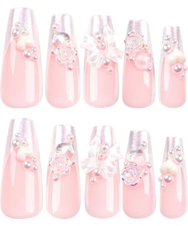 French Tip Press on Nails - Long Press On Nails with Nail Tips Pink flower bowknot Design pearl love heart false nails press on nails Acrylic False Nails Cute Artificial Nails - Buy Online on GoSupps.com