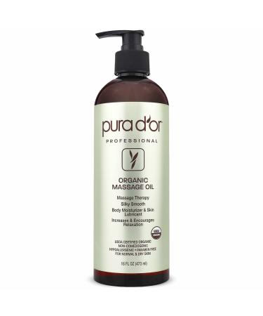 PURA D'OR Organic Massage Therapy Oil (16oz) USDA Certified Almond, Apricot, Argan, Ginger, Jojoba, Lavender Oils for Silky & Softer Skin, Body Moisturizer & Skin Lubricant (Packaging May Vary)