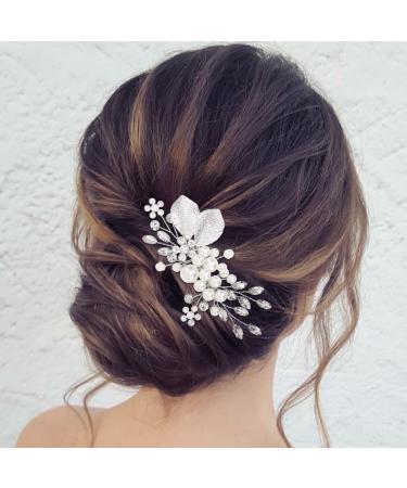 Zoestar Flower Wedding Hair Combs Silver Beads Bridal Hairpiece Rhinestone Leaf Hair Accessories for Women and Girls - Buy Online on GoSupps.com