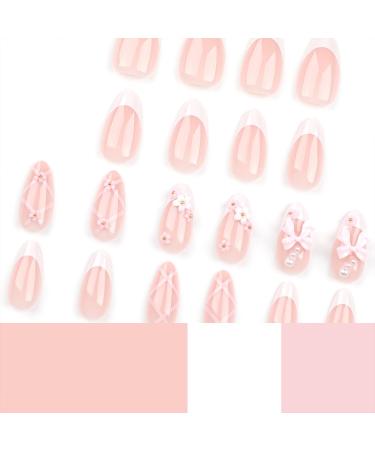 3D Pink Bow Press on Nails | Medium Almond Shape | 24 Pcs White French Tip False Nails with Flowers & Pearls | Full Cover Stick-On Acrylic Nails for Women - Buy Online on GoSupps.com